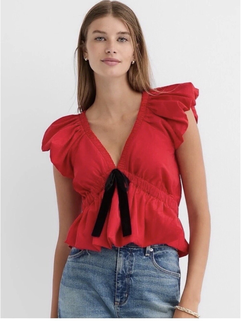 LOFT Red Blouse M Puff Sleeve Black Velvet Bow Peplum Holiday Party NWT